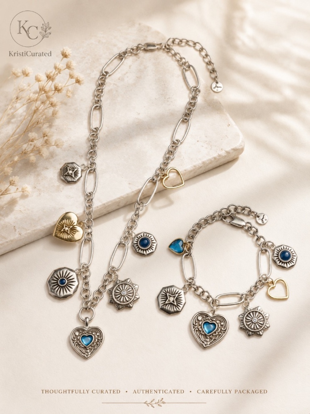 Johnny Was Antique Heart Charm Necklace & Bracelet Set NWT | Silver Mixed Metal